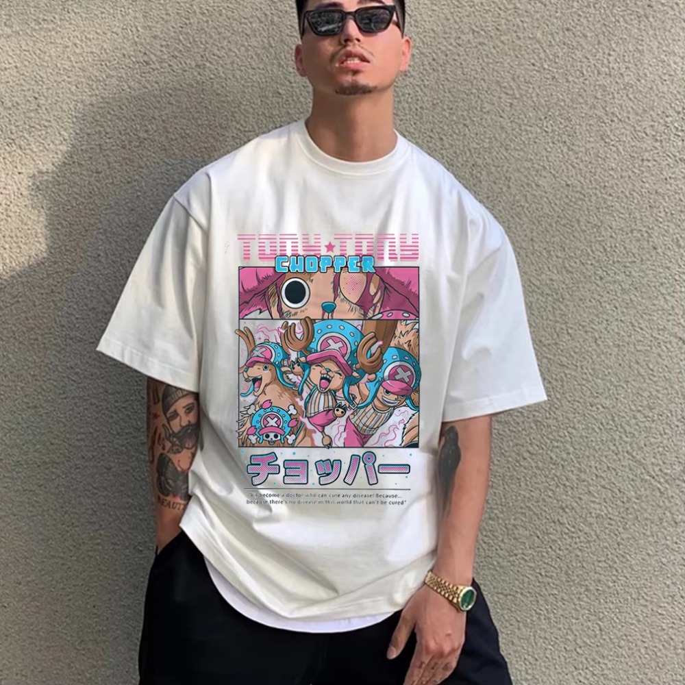 Anime Merchandise Shop - เสื้อยืดผู้ชายลายอนิเมะวันพีซ ช็อปเปอร์ เสื้อผ้าฤดูร้อนทรงโอเวอร์ไซส์ แขนสั้น ผ้าฝ้าย เสื้อยืดลายกราฟิกผู้หญิง